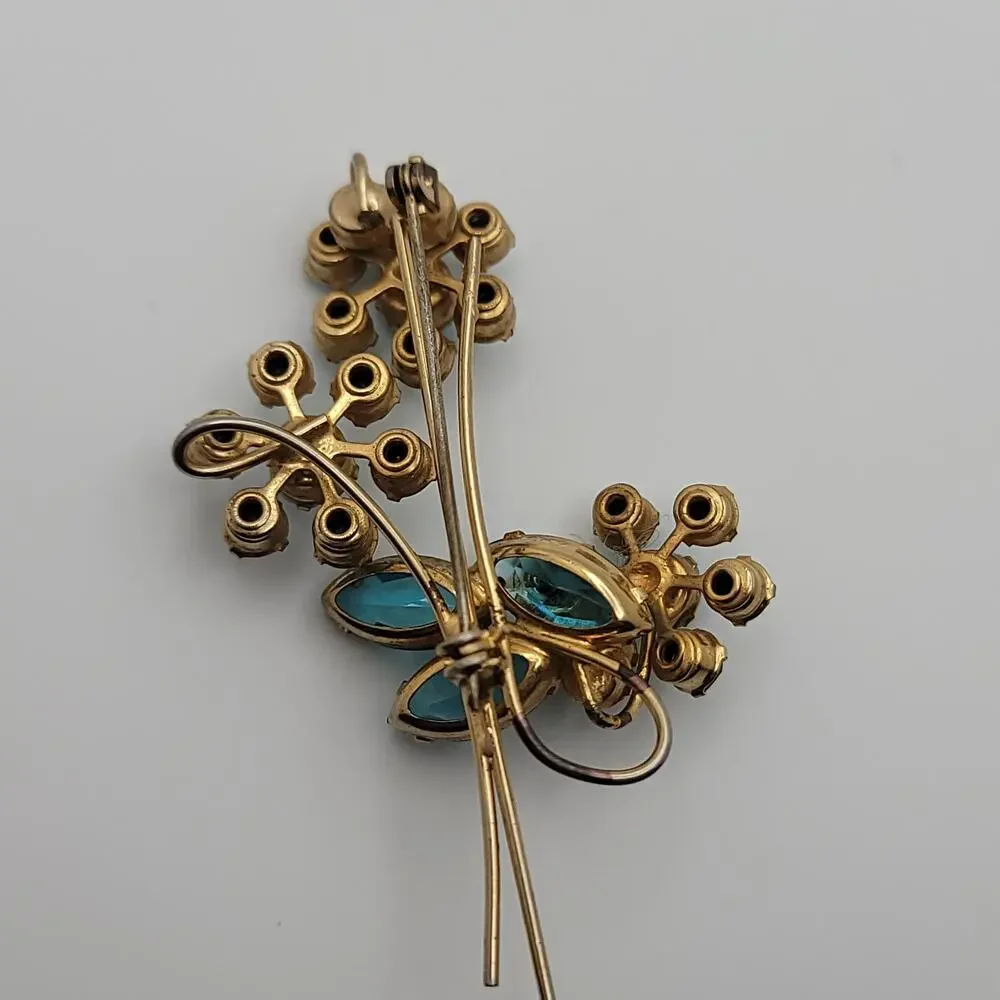 Vintage Gold-tone Blue, Turquoise-colored & Aurora Borealis Floral Brooch